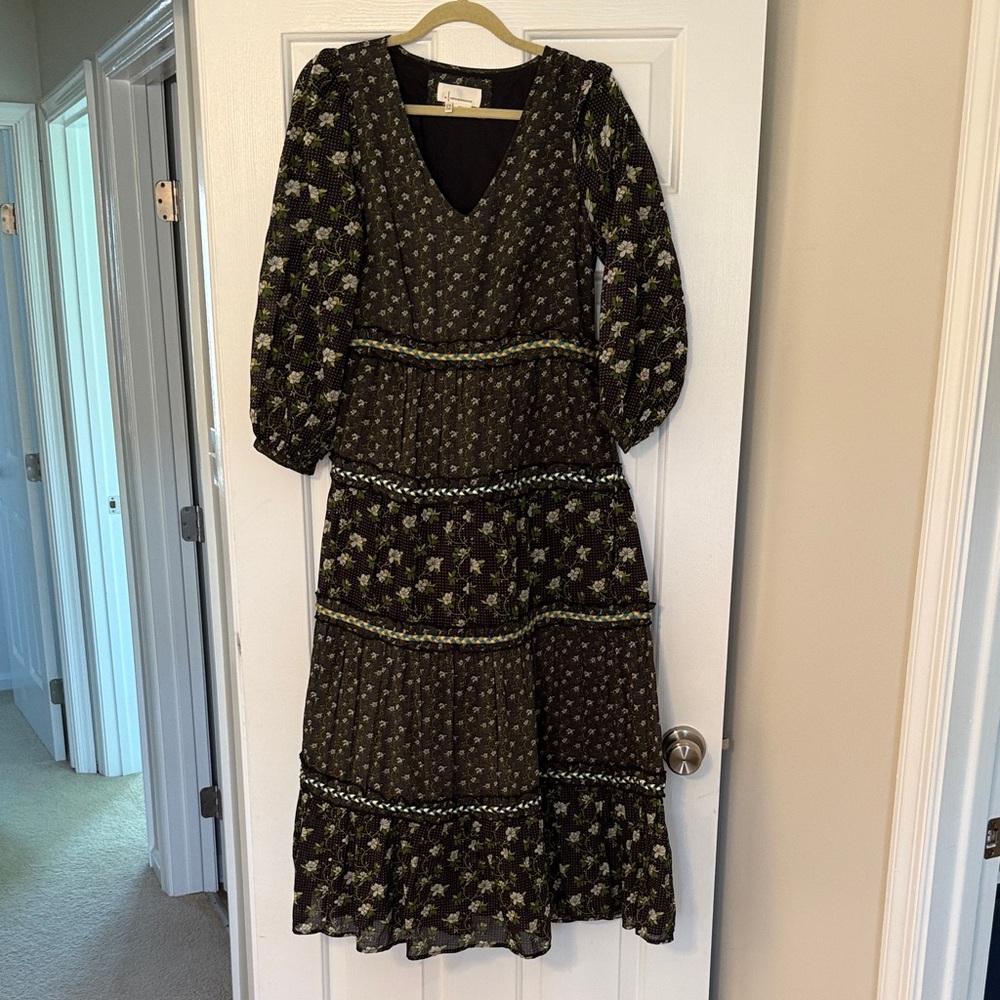 Anthropologie Black and Green Floral Long Sleeve Dress